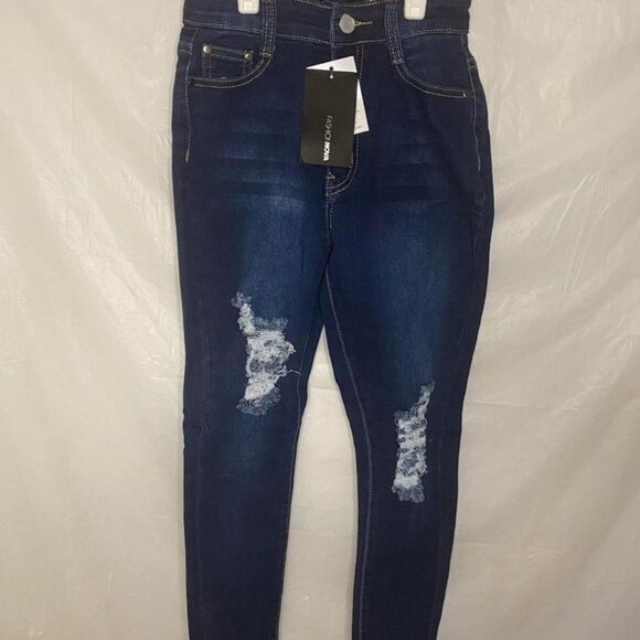 Fashion Nova Dark Wash Distressed Jeans Size 1 - Picture 2 of 6